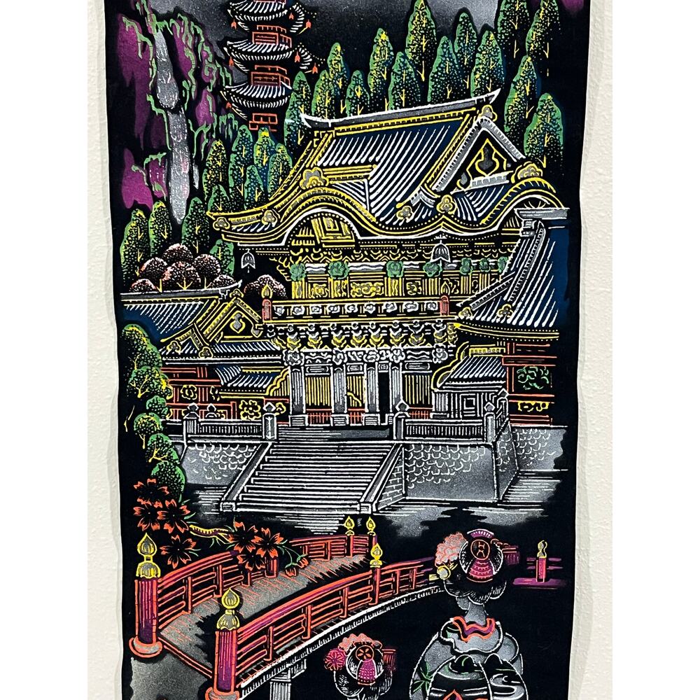 Japanese‎ Wall Scroll Temple Scene Textile Art Hanging Asian Decor Made in Japan